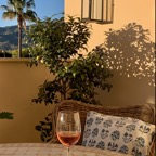 Ett svalkande glas vin i skuggan under pergolan